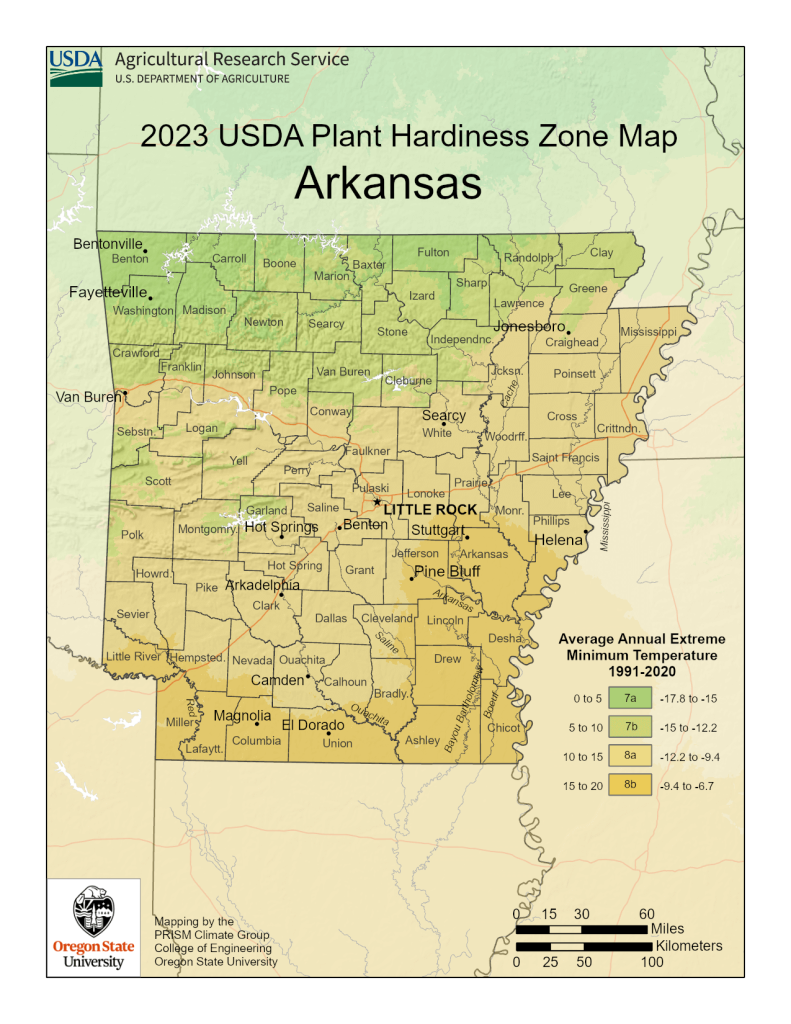 USDA Map of Arkansas Growing Zones.