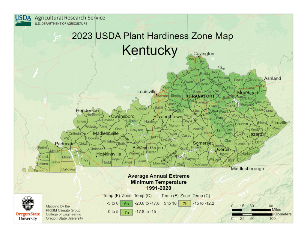USDA Map of Kentucky Growing Zones.