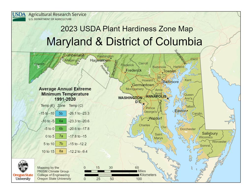 USDA Map of Maryland Growing Zones.