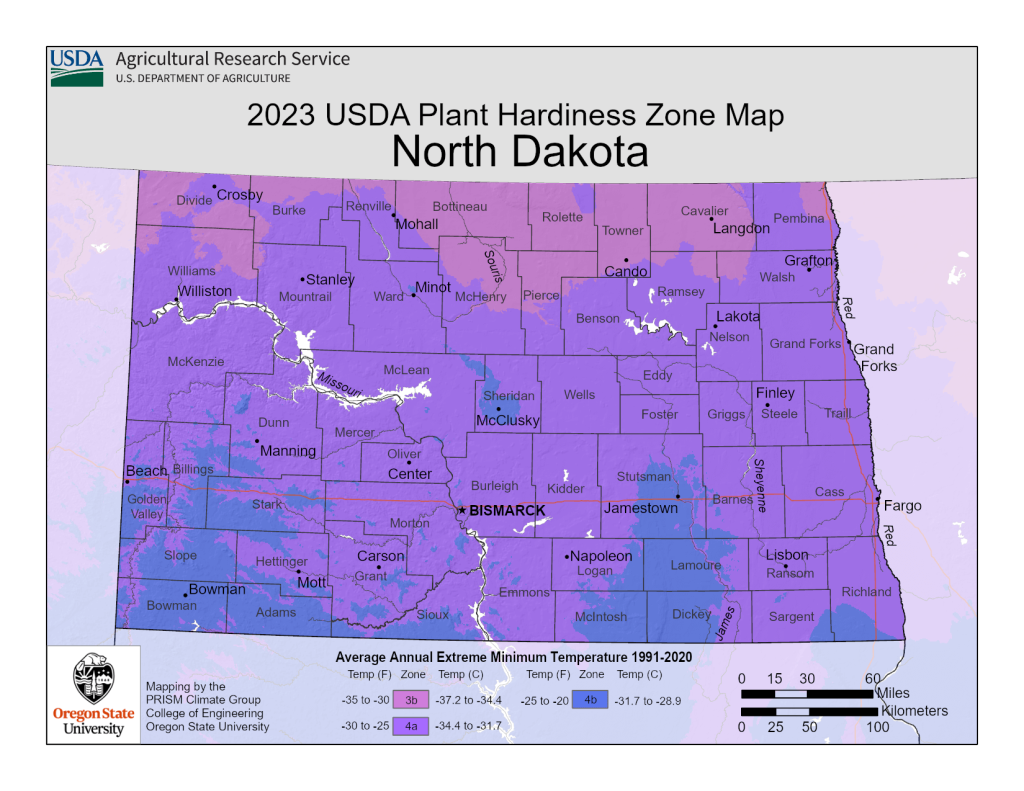 USDA Map of North Dakota Growing Zones.