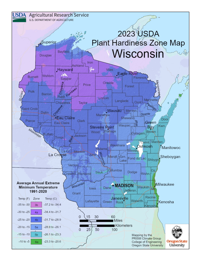 USDA Map of Wisconsin Growing Zones.