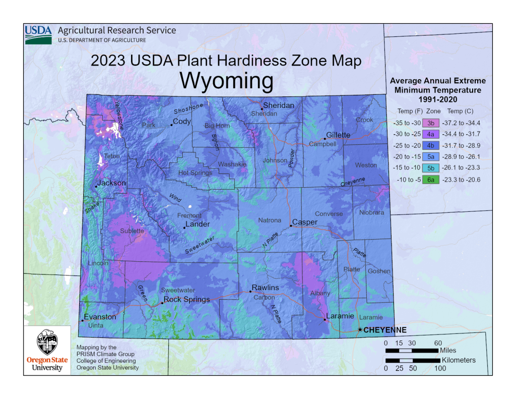 USDA Map of Wyoming Growing Zones.