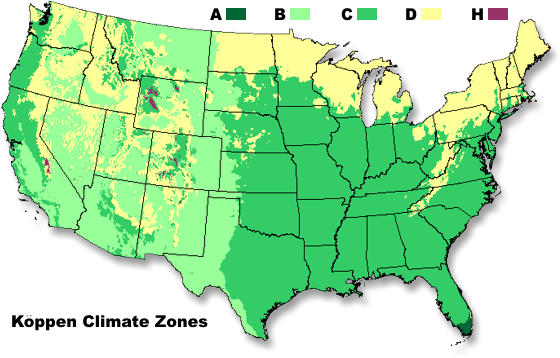 The map shows where these major climates occur in the mainland United States.