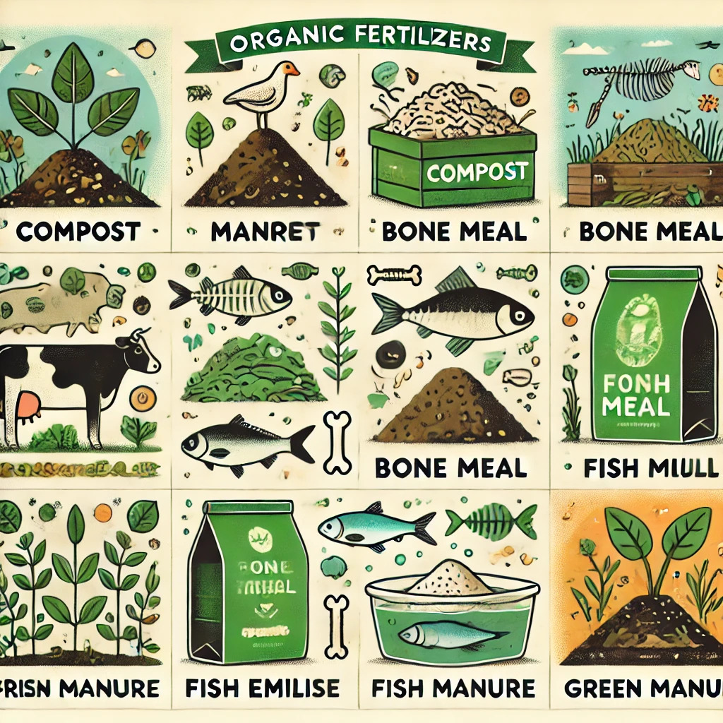 Here is the image illustrating different types of organic fertilizers. 